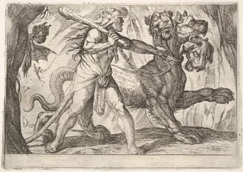 Herkules und Cerberus: Herkules ergreift das Halsband von Cerberus, zwei Dämonen erscheinen links
