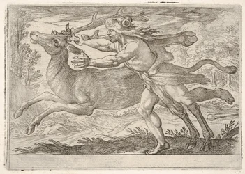 Herkules und die Hirschkuh vom Berg Cerynea: Herkules schreitet neben der Hirschkuh und greift nach den..., 1608