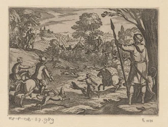 Jagd auf Kaninchen mit Männern, die aus den Büschen jagen