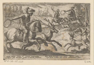 Jäger fangen Hirsche mit Seilen (Diverse Jagd- und Kampfszenen, Venationes Ferarum, Avium, Piscium Pugnae bestiariorum: et mutuae bestiarum)
