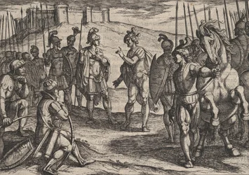 Tafel 15: Civilis verhandelt mit einem römischen Kommandanten, aus Der Krieg der Römer gegen die ..., 1611