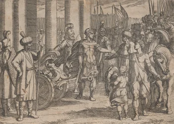 Tafel 2: Alexander durchtrennt den Gordischen Knoten, aus Die Taten Alexanders des Großen, 1608