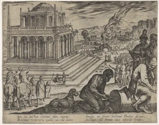 Tafel 5: Grabmal des Mausolos, rechts fertigen Steinmetze eine Säule an, aus „Die sieben Weltwunder“