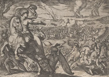 Tafel 6: Darius flieht vom Schlachtfeld, aus Die Taten Alexanders des Großen, 1608
