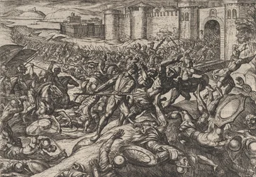 Tafel 9: Die Römer von den niederländischen Truppen bei Bonna besiegt, aus Der Krieg der Römer gegen..., 1611
