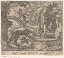 Thisbe flieht vor der Löwin an der Quelle