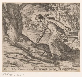 Der Selbstmord der Thisbe, Thisbe durchbohrt sich nach dem Vorbild des Pyramus die Brust (Titel auf dem Objekt), Ovids Metamorphosen (Serientitel)