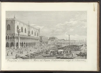 Ecke des Markusplatzes mit dem Dogenpalast und der Säule mit dem Löwen von Venedig