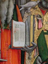 St. Jeromes Bibel und St. Gregors Taube, Detail des linken Panels von Die Jungfrau auf dem Thron mit den Heiligen Hieronymus, Gregor, Ambrosius und Augustinus, 1446 (nach Restaurierung)