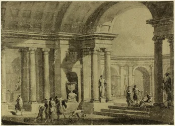 Klassischer Portikus mit Figuren in antiker Kleidung