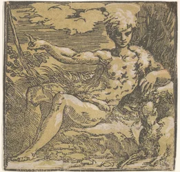 Johannes der Täufer in der Wüste, ein Lamm an seiner Seite