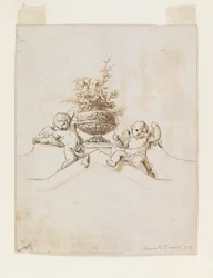 Zwei Putti neben einer Vase mit Blumen