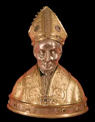 Reliquienbüste des Ignatius von Antiochien. Gold-Kupfer-Skulptur zugeschrieben Antonio di Salvi, toskanische Schule des 15. Jahrhunderts