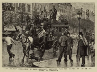 Die Militärische Einberufung in Paris, Wehrpflichtige kehren von der Auslosung im Palais de L
