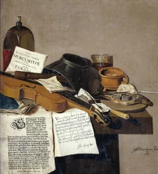 Stillleben mit Flugblättern, einer Violine, Flöte, Essen und Flugblättern