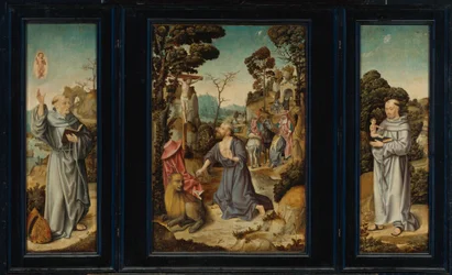 Ein Triptychon: Szenen aus dem Leben des hl. Hieronymus, des hl. Antonius von Padua, des hl. Bernhard von Clairvaux
