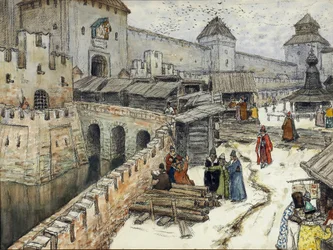 Moskau im 17. Jahrhundert. Buchläden auf der Christus-Erlöser-Brücke, 1902