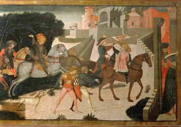 Einzug einer Gruppe von Reitern in eine Stadt