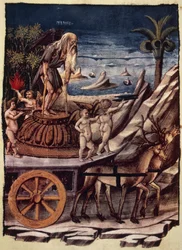 Der Triumph der Zeit, der Wagen der Zeit wird von Hirschen gezogen, Miniatur von Apollonio di Giovanni (1415 oder 1417-ca 1465) aus Triumphs, allegorisches Gedicht von Francesco Petrarca (1304-1374), Manuskript 1129, Folio 42, verso, Italien
