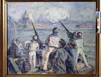 Die Verteidigung von Sewastopol. Episode des Zweiten Weltkriegs (1939-1945): Panorama der Stadt Krim von einem russischen Kriegsschiff aus, dessen Matrosen auf die belagernden Deutschen schießen (Belagerung 1941-1942). Gemälde von Arista