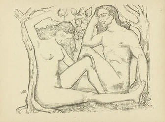 Adam und Eva sitzen bei einem Baum