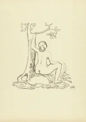 Nackte Frau, an einem Baum sitzend. Studie. „L
