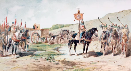 Kreuzfahrer auf dem Marsch im 11. Jahrhundert mit einem pferdegezogenen Versorgungswagen, 1886