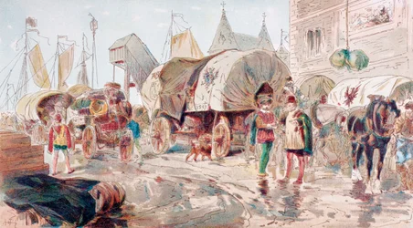 Pferdewagen voller Waren der Hanse erreichen einen Hafen, 16. Jahrhundert, 1886