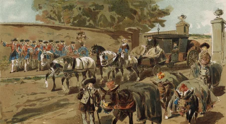 Beladene Esel und Postkutsche, Österreichische Niederlande, 18. Jahrhundert