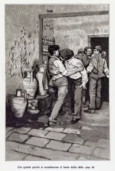 Aufforderung zum sizilianischen Duell durch den tödlichen „Kuss“, tatsächlich ein Biss ins Ohr. Illustration von Arnaldo Ferraguti für die Novelle „Cavalleria Rusticana“ von Giovanni Verga. 1897