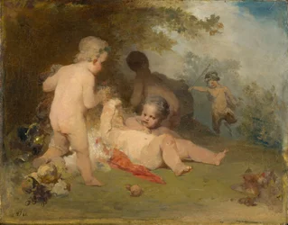 Putti und ein junger Satyr in einem Waldtal