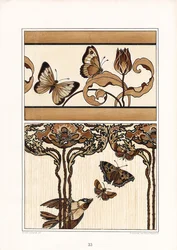 Florale Zierbänder mit Schmetterlingen und Tulpen (Lithografie)