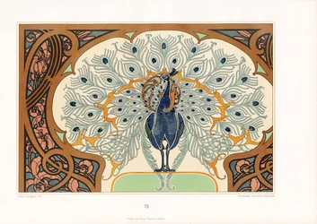 Pfau in dekorativem Rahmen mit Jugendstil-Dekoration (Lithografie)