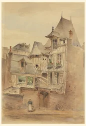 Zeichnung, Straßenszene mit mittelalterlichen Häusern, ca. 1885