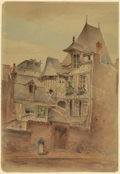 Zeichnung, Straßenszene mit mittelalterlichen Häusern, ca. 1885