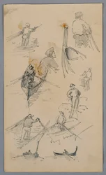 Skizzen von Figuren auf Booten