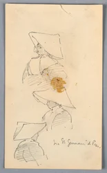 Drei Skizzen einer Nonne mit Hut