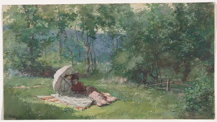 Zwei Frauen lesen auf einem Feld