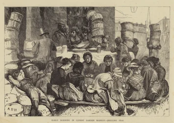 Früher Morgen auf dem Covent Garden Markt, Erbsen schälen