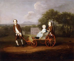 Gruppenporträt von drei Kindern von Peter und Mary Du Cane, alle in voller Länge, spielen mit einem aufwendigen Hundewagen, im Garten eines Landhauses, 1747