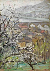 Blick über einen Obstgarten über eine Brücke und eine Mündung