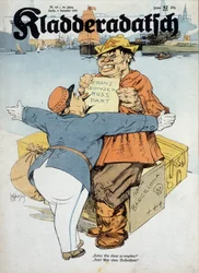 Deutsche Karikatur zu den französisch-sowjetischen Abkommen (Französischer Zollbeamter und russischer Matrose: „Haben Sie etwas zu deklarieren? Nein! Nur Waffen!“ (Kontext des Spanischen Krieges), „Kladderadatsch“ 8/11/1936, ill. von Arthur Johnson (1874-1