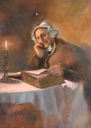Porträt einer alten Frau, die bei Kerzenlicht die Bibel liest, 1896
