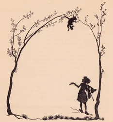 Ein Fuchs, der mit seinen Pfoten an zwei Haselbäume gebunden ist. Illustration von Arthur Rackham aus Grimms Märchen, Der wunderbare Musiker