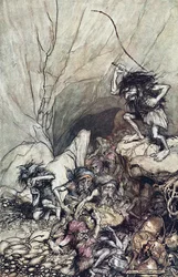 Alberich treibt eine Bande Nibelungen mit Gold- und Silberschätzen. Illustration für Das Rheingold
