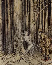 Endlich traf sie den Bräutigam, der langsam zurückkam, Illustration zu Fitchers Vogel aus Kleiner Bruder, Kleine Schwester von den Brüdern Grimm, 1917
