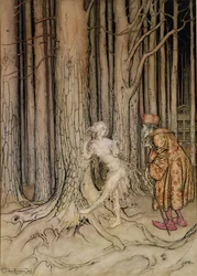 Endlich traf sie den Bräutigam, der langsam zurückkam, Illustration für Fitchers Vogel, aus Brüderchen und Schwesterchen, von den Brüdern Grimm, 1917