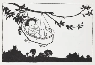 Baby in einer Wiege, die von einem Ast hängt