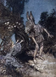 Bottom, der eselsköpfige Mann, und Titania, die Königin der Feen. Illustration von Arthur Rackham (1867-1939) zu „Ein Sommernachtstraum“ von William Shakespeare