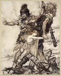 Fasolt ergreift plötzlich Freia und zieht sie mit Fafner zur Seite, Illustration aus 